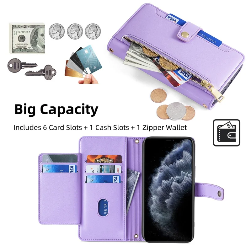 For iPhone 11 Pro Wallet Case Magnetic Crossbody Card Holder Phone Cover - Purple