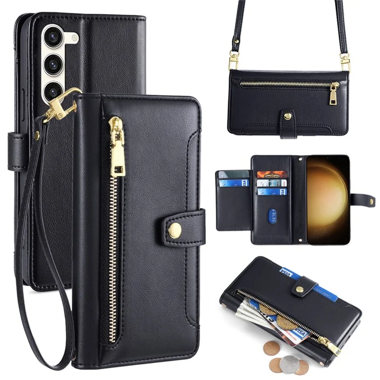 For Samsung Galaxy S23+ Wallet Case 6 Card Holders Crossbody Phone Guard Cover - Black