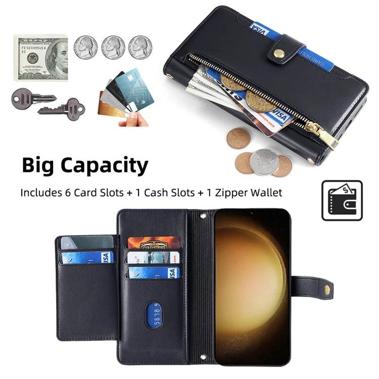 For Samsung Galaxy S23+ Wallet Case 6 Card Holders Crossbody Phone Guard Cover - Black