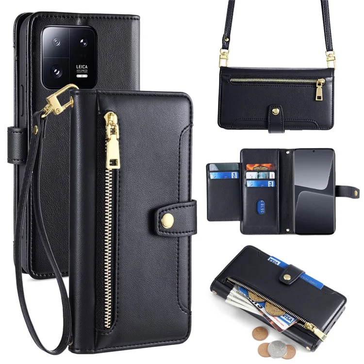 For Xiaomi 13 Pro 5G Case Leather Hardware Buckle Phone Stand Cover with 2 Straps - Black