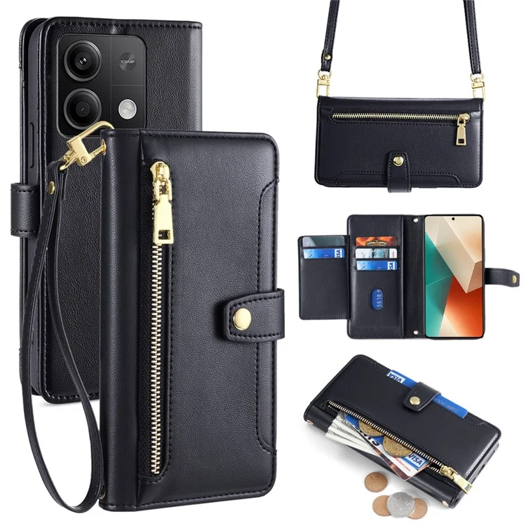 Pour Xiaomi Redmi Note 13 5G Étui de téléphone Crossbody Poche Zipper Étui en Cuir PU - Noir