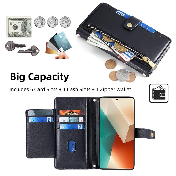 Pour Xiaomi Redmi Note 13 5G Étui de téléphone Crossbody Poche Zipper Étui en Cuir PU - Noir