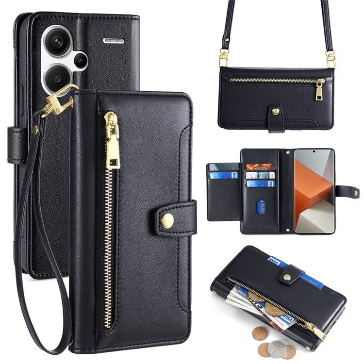 For Xiaomi Redmi Note 13 Pro+ 5G Leather Case Zipper Phone Cover with 2 Straps - Black