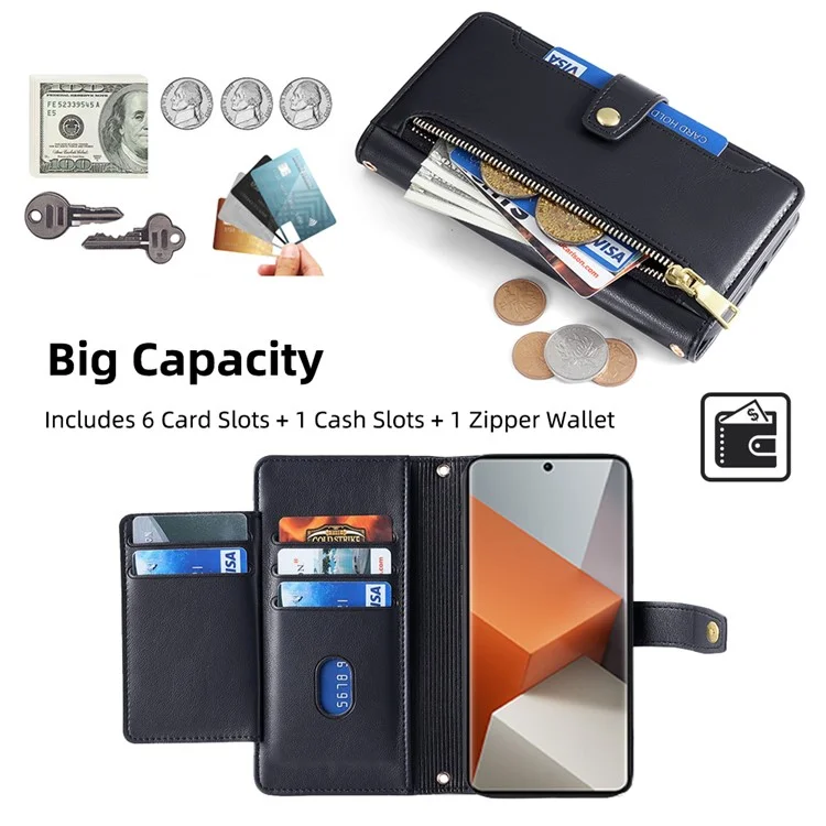 For Xiaomi Redmi Note 13 Pro+ 5G Leather Case Zipper Phone Cover with 2 Straps - Black