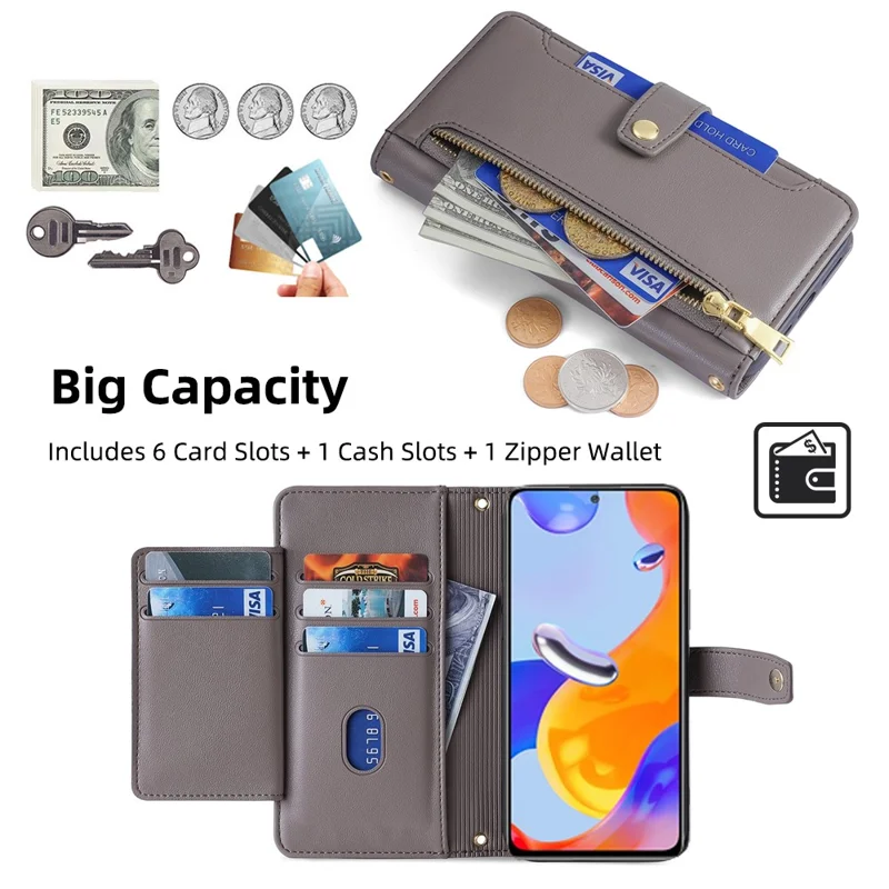 For Xiaomi Redmi Note 11 Pro 4G (Mediatek) / Note 11 Pro 5G (Qualcomm) / Note 12 Pro 4G Case PU Leather Phone Cover - Grey