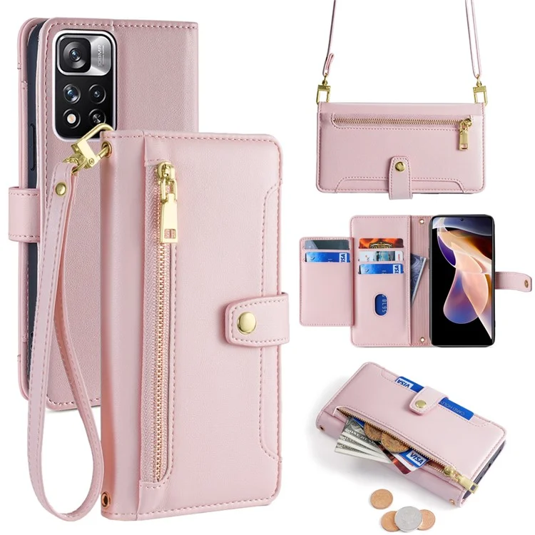 Para Xiaomi Redmi Note 11 Pro / Note 11 Pro+ 5G Leather Case Zipper Pocket Crossbody Phone Cover - Pink
