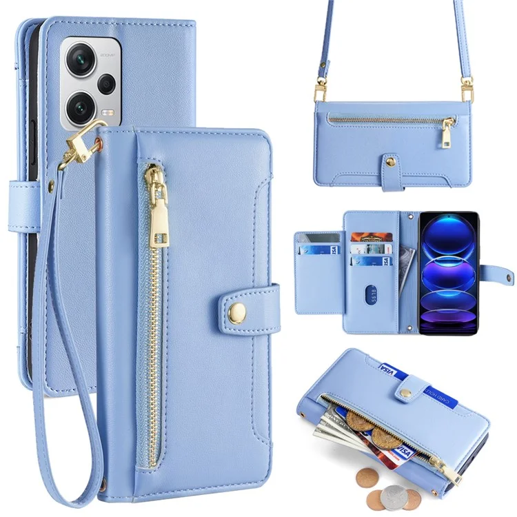 Para Xiaomi Redmi Note 12 Pro+ 5G Phone Leather Case Zipper Pocket Flip Stand Cover - Azul