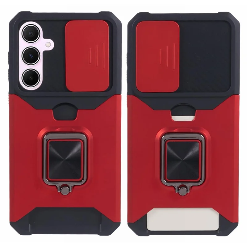 For Samsung Galaxy A55 5G Case PC+TPU Card Holder Phone Kickstand Cover with Slide Lens Lid - Red