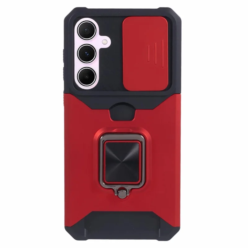 For Samsung Galaxy A55 5G Case PC+TPU Card Holder Phone Kickstand Cover with Slide Lens Lid - Red