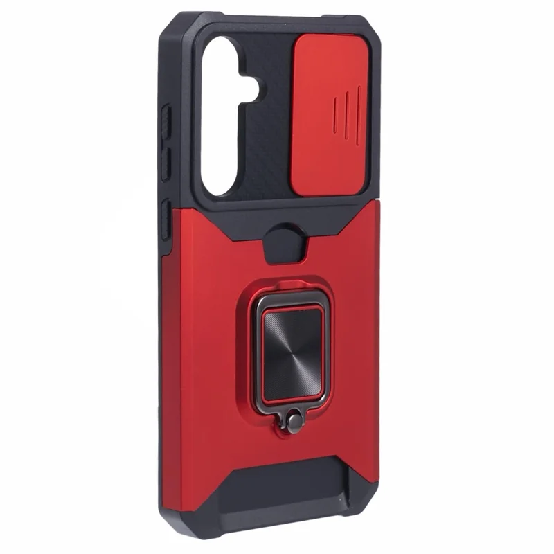 For Samsung Galaxy A55 5G Case PC+TPU Card Holder Phone Kickstand Cover with Slide Lens Lid - Red