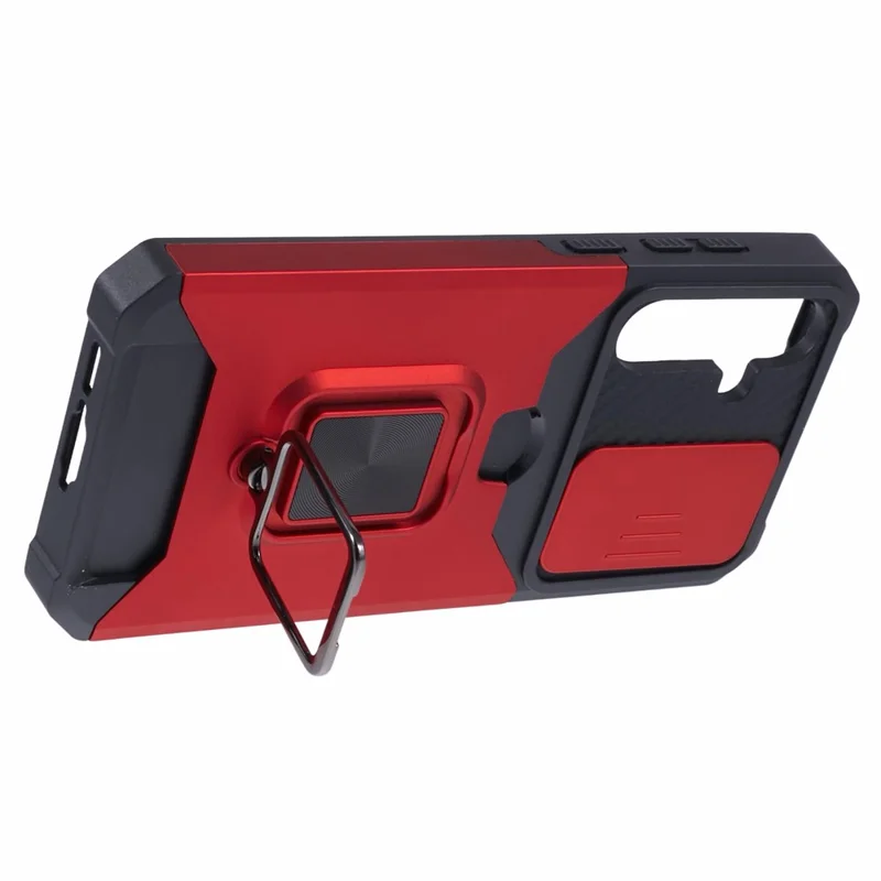 For Samsung Galaxy A55 5G Case PC+TPU Card Holder Phone Kickstand Cover with Slide Lens Lid - Red