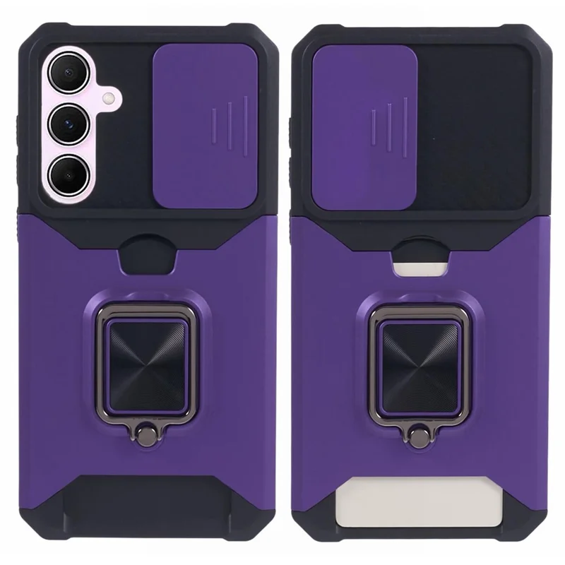 For Samsung Galaxy A55 5G Case PC+TPU Card Holder Phone Kickstand Cover with Slide Lens Lid - Purple