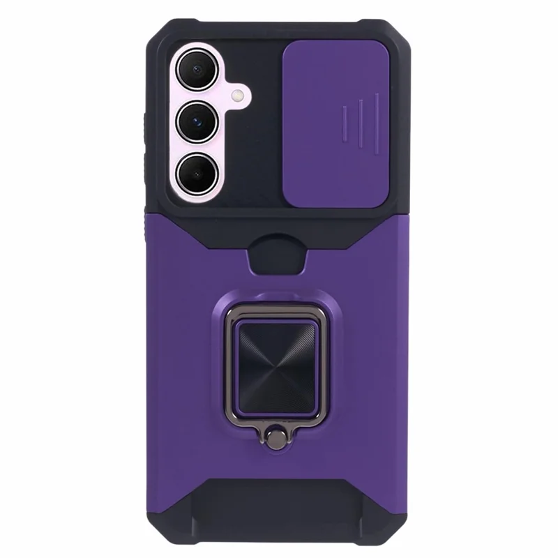 For Samsung Galaxy A55 5G Case PC+TPU Card Holder Phone Kickstand Cover with Slide Lens Lid - Purple