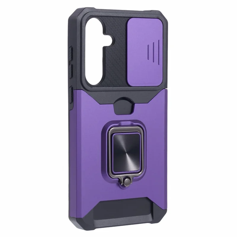 For Samsung Galaxy A55 5G Case PC+TPU Card Holder Phone Kickstand Cover with Slide Lens Lid - Purple