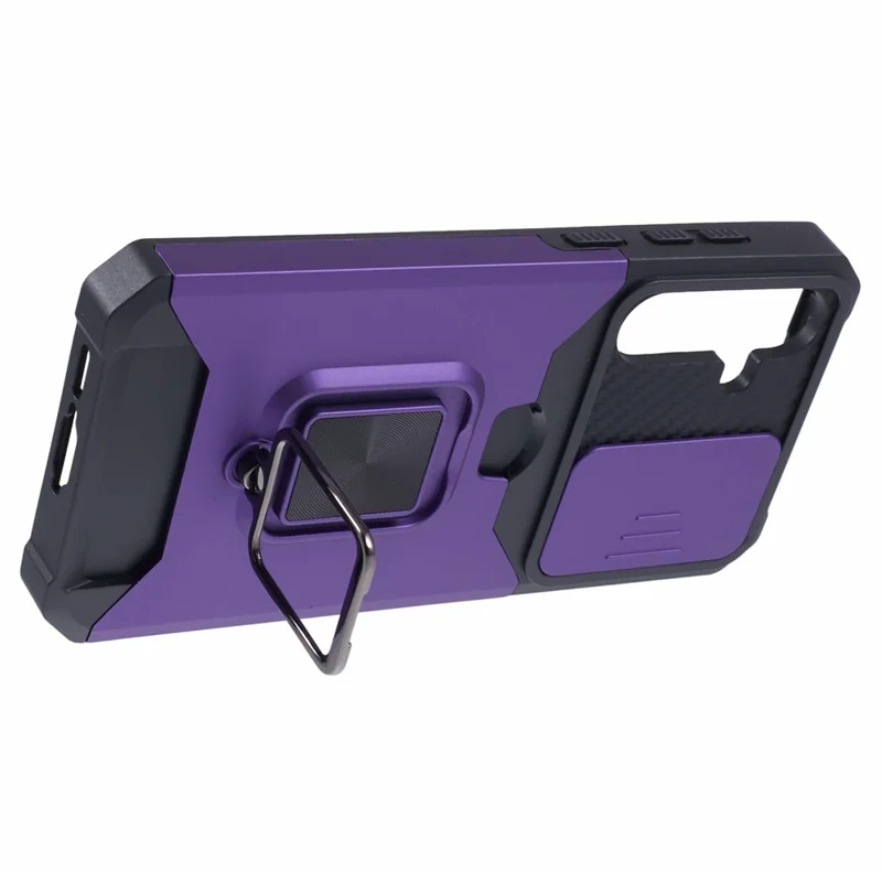 For Samsung Galaxy A55 5G Case PC+TPU Card Holder Phone Kickstand Cover with Slide Lens Lid - Purple