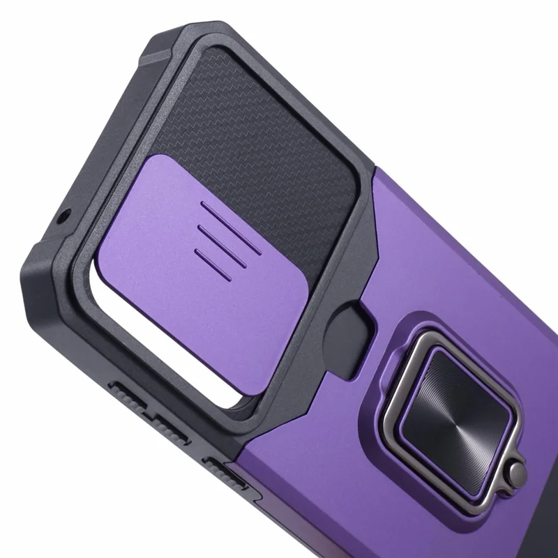 For Samsung Galaxy A55 5G Case PC+TPU Card Holder Phone Kickstand Cover with Slide Lens Lid - Purple