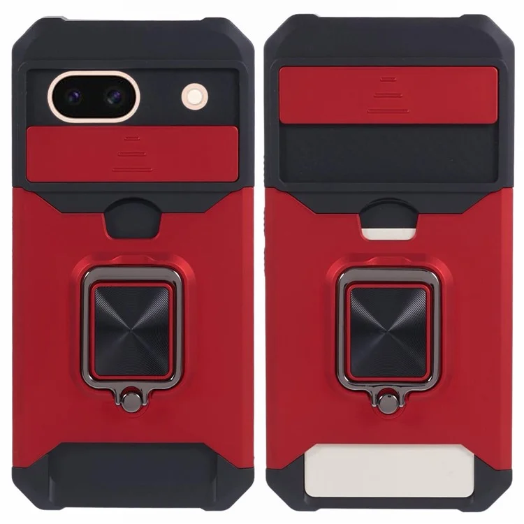 For Google Pixel 8a Cover Camera Slide Lid Card Holder Cell Phone Case with Ring Kickstand - Red