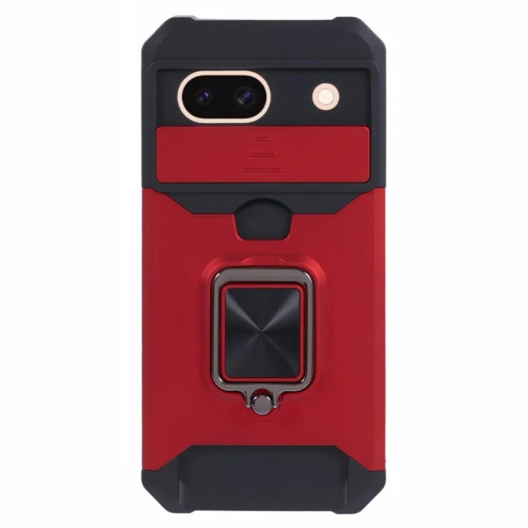For Google Pixel 8a Cover Camera Slide Lid Card Holder Cell Phone Case with Ring Kickstand - Red