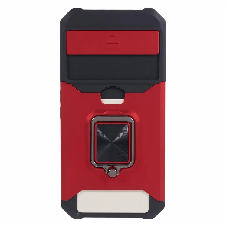 For Google Pixel 8a Cover Camera Slide Lid Card Holder Cell Phone Case with Ring Kickstand - Red