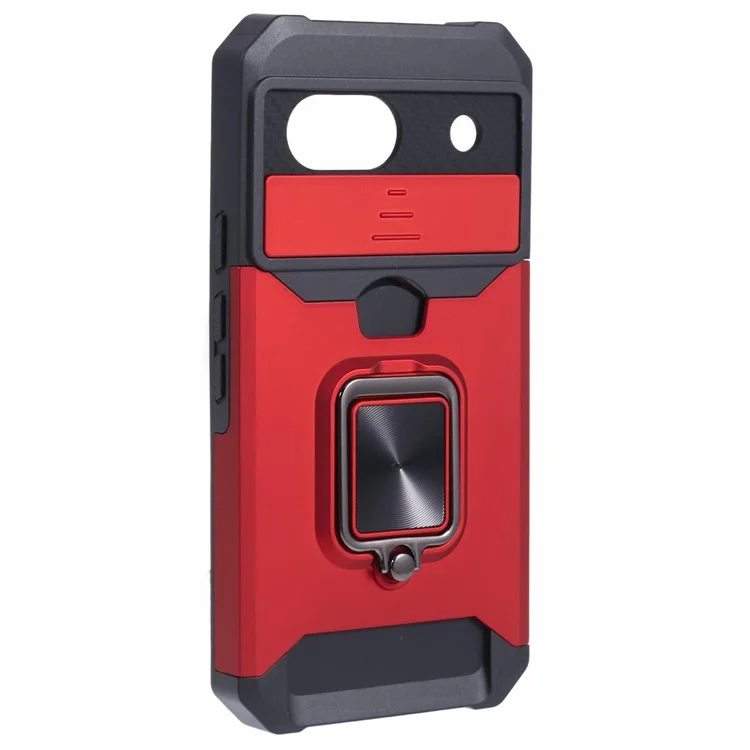 For Google Pixel 8a Cover Camera Slide Lid Card Holder Cell Phone Case with Ring Kickstand - Red