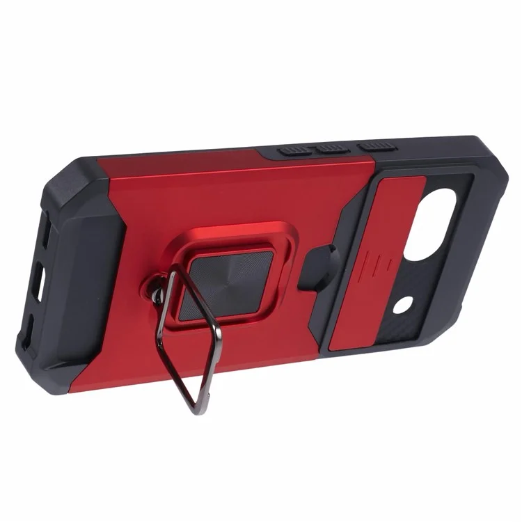 For Google Pixel 8a Cover Camera Slide Lid Card Holder Cell Phone Case with Ring Kickstand - Red