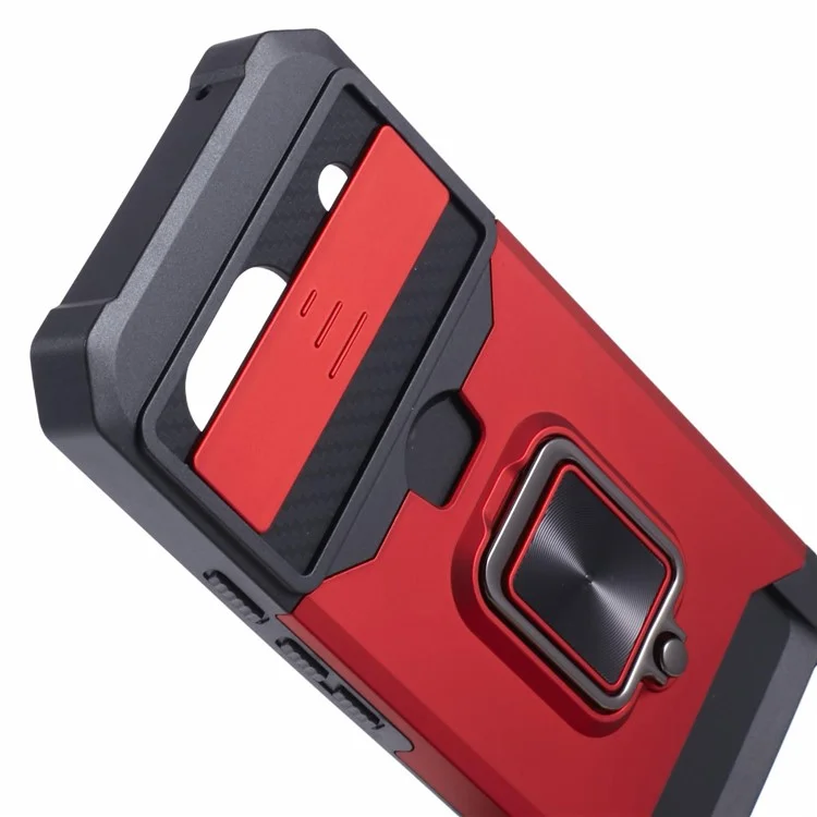 For Google Pixel 8a Cover Camera Slide Lid Card Holder Cell Phone Case with Ring Kickstand - Red