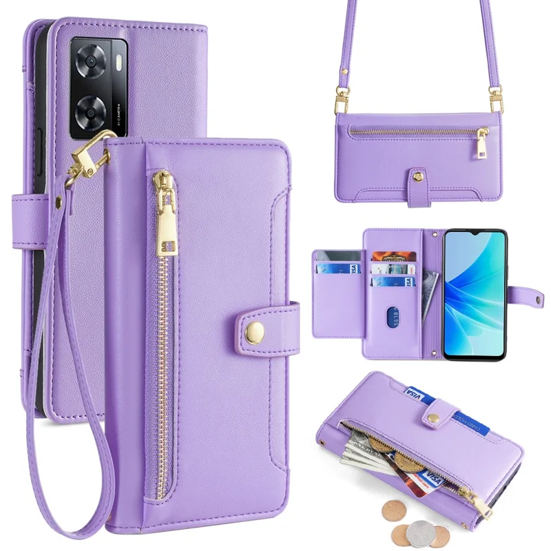 For Oppo A57 4G Case Leather Wallet Phone Cover with Zipper Pocket and Straps - Purple