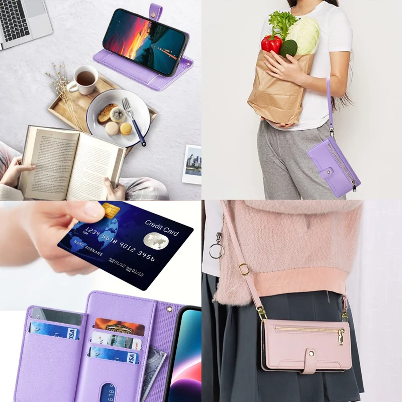 For Oppo A57 4G Case Leather Wallet Phone Cover with Zipper Pocket and Straps - Purple