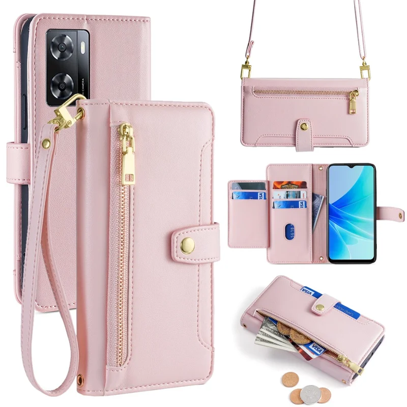 For Oppo A57 4G Case Leather Wallet Phone Cover with Zipper Pocket and Straps - Pink