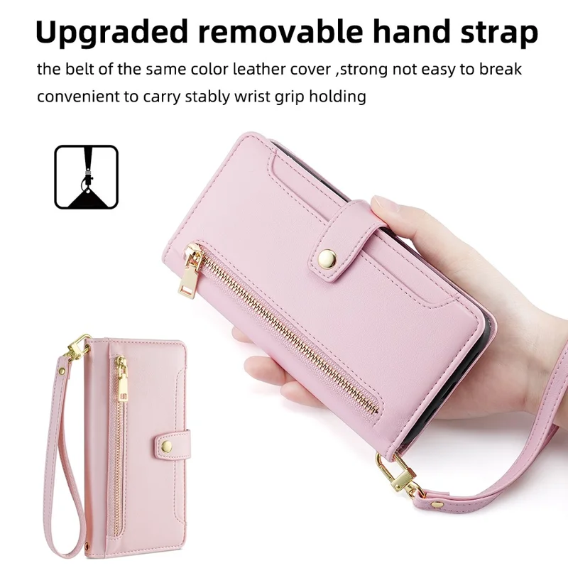 For Oppo A57 4G Case Leather Wallet Phone Cover with Zipper Pocket and Straps - Pink