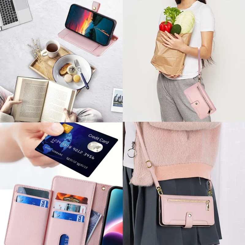 For Oppo A57 4G Case Leather Wallet Phone Cover with Zipper Pocket and Straps - Pink