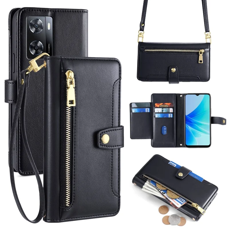 For Oppo A57 4G Case Leather Wallet Phone Cover with Zipper Pocket and Straps - Black