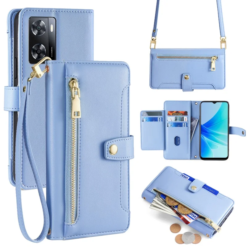 For Oppo A57 4G Case Leather Wallet Phone Cover with Zipper Pocket and Straps - Blue