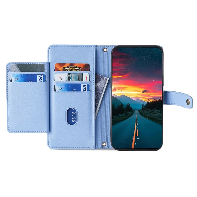 For Oppo A57 4G Case Leather Wallet Phone Cover with Zipper Pocket and Straps - Blue