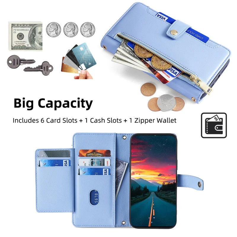 For Oppo A57 4G Case Leather Wallet Phone Cover with Zipper Pocket and Straps - Blue