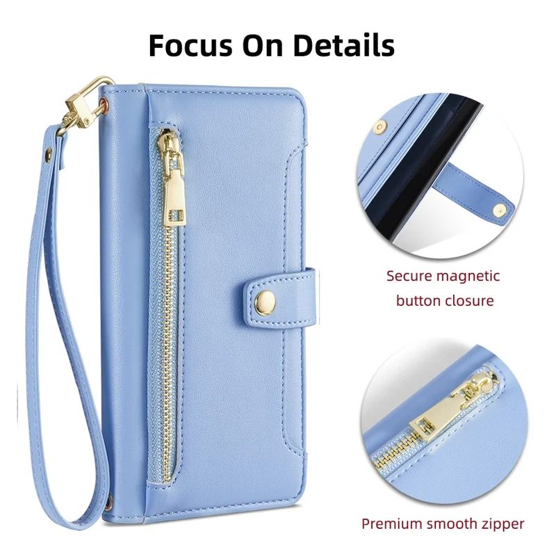 For Oppo A57 4G Case Leather Wallet Phone Cover with Zipper Pocket and Straps - Blue