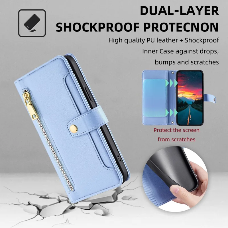 For Oppo A57 4G Case Leather Wallet Phone Cover with Zipper Pocket and Straps - Blue