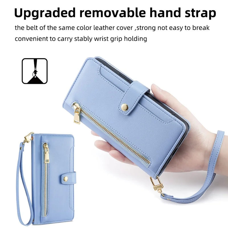 For Oppo A57 4G Case Leather Wallet Phone Cover with Zipper Pocket and Straps - Blue