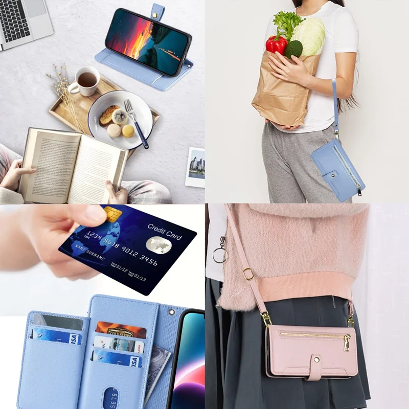 For Oppo A57 4G Case Leather Wallet Phone Cover with Zipper Pocket and Straps - Blue