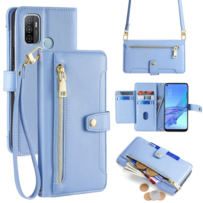 For Oppo A53 (2020) / A32 (2020) / A33 (2020) / A53s 4G Leather Phone Case with Zipper Pocket Wallet - Blue