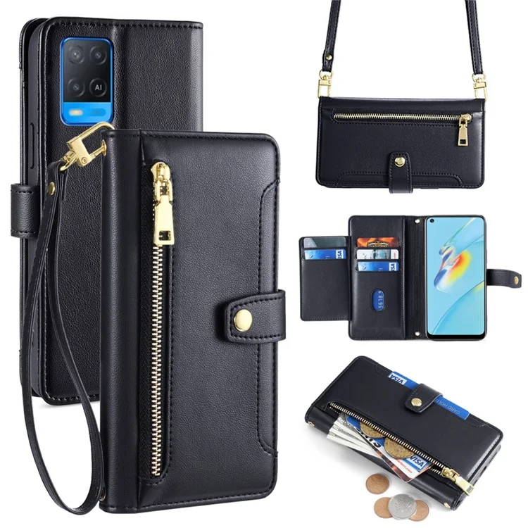 Pour Oppo A54 4G Étui portefeuille en cuir Sac de téléphone avec plusieurs fentes pour cartes - Noir