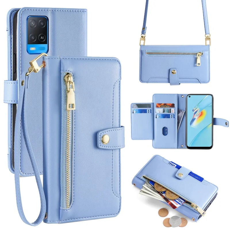 For Oppo A54 4G Wallet Case Leather Phone Bag with Multiple Card Slots - Blue