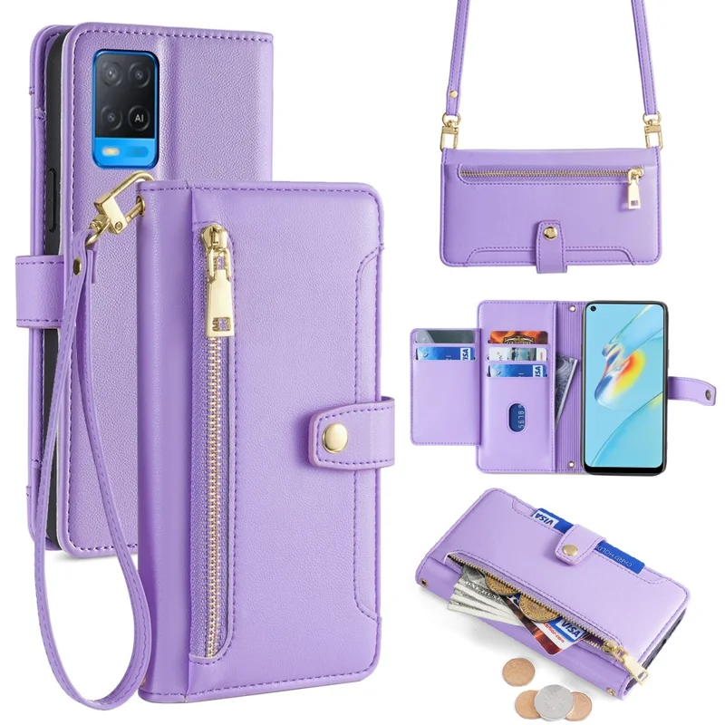 For Oppo A54 4G Wallet Case Leather Phone Bag with Multiple Card Slots - Purple