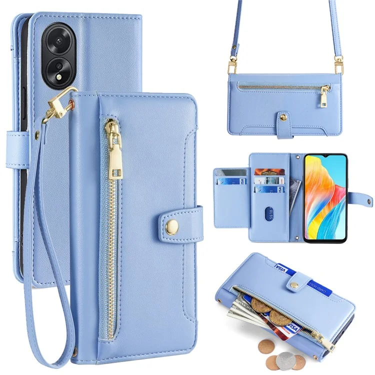Para Oppo A38 4G / A18 4G Case Slots de Cartão Carteira de Couro Capa de Telefone com 2 Alças - Azul