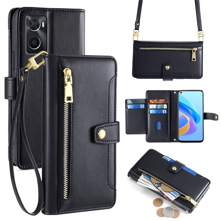 Per Oppo A36 Case Zipper Pocket Leather Wallet Drop Protection Phone Cover with 2 Straps - Black