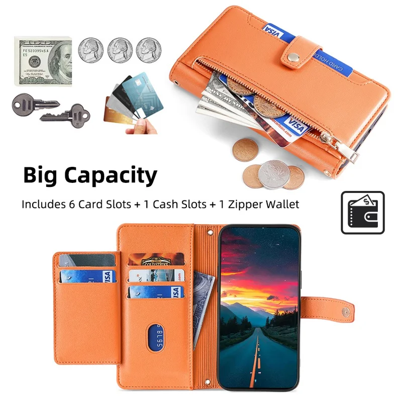 For Oppo A36 Case Zipper Pocket Leather Wallet Drop Protection Phone Cover with 2 Straps - Orange