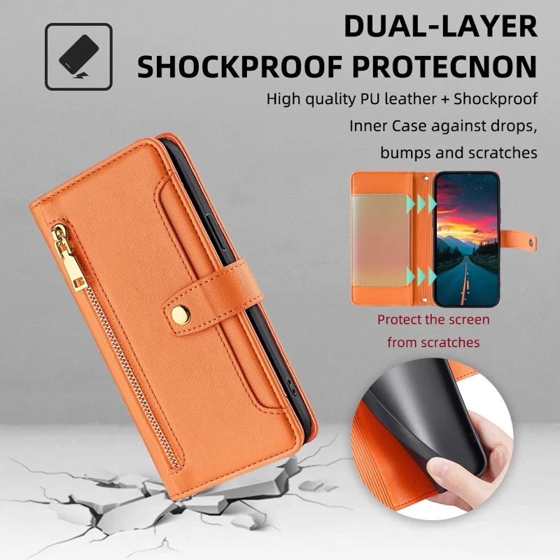 For Oppo A36 Case Zipper Pocket Leather Wallet Drop Protection Phone Cover with 2 Straps - Orange