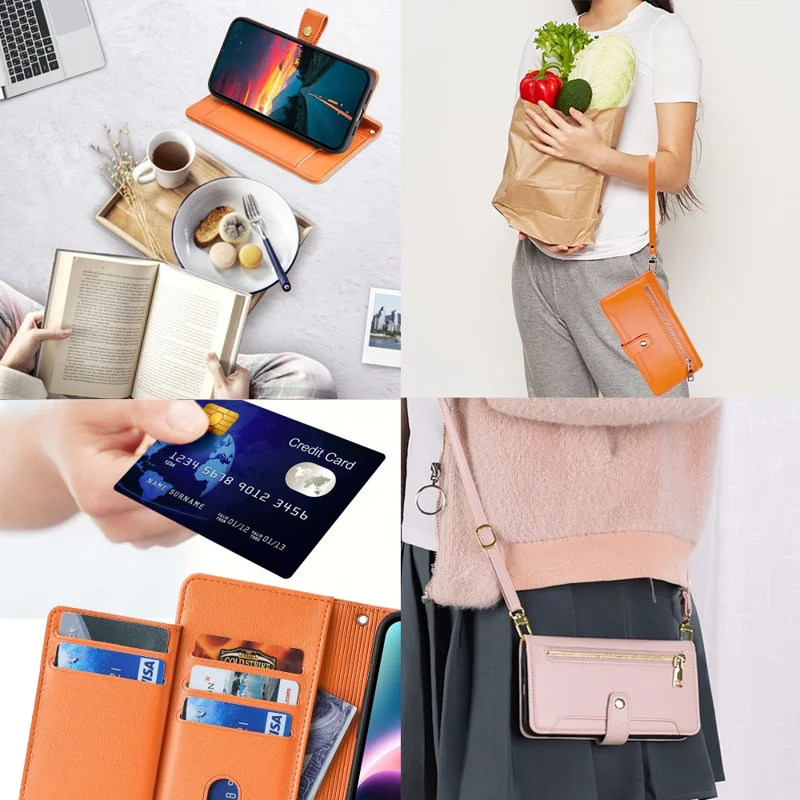 For Oppo A36 Case Zipper Pocket Leather Wallet Drop Protection Phone Cover with 2 Straps - Orange