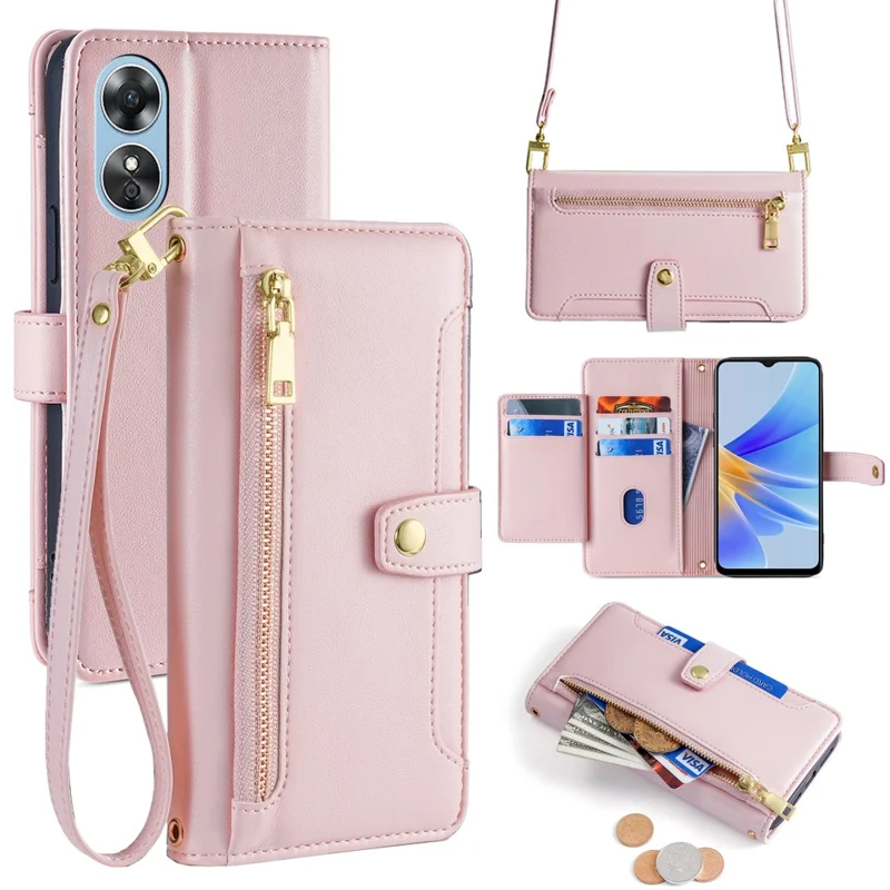 For Oppo A17 4G Case Zipper Pocket Leather Mobile Phone Drop-proof Cover with 2 Straps - Pink