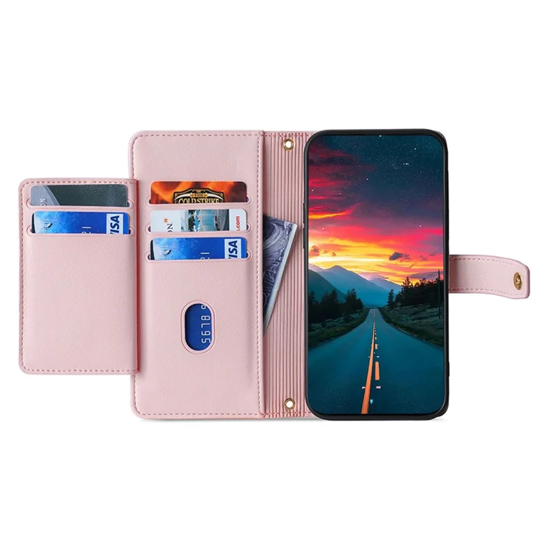 For Oppo A17 4G Case Zipper Pocket Leather Mobile Phone Drop-proof Cover with 2 Straps - Pink